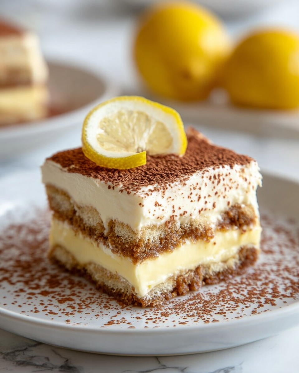 Limoncello Tiramisu Recipe 5 A white rectangular dish filled with a layered dessert showing a thick, creamy pale yellow layer at the bottom, topped with a fluffy white whipped cream layer with soft swirls dusted evenly with brown cocoa powder. The dish sits on a white marbled surface with a white dish of halved lemons and whole lemons softly blurred in the background, creating a fresh and inviting look. Photo taken with an iphone --ar 4:5 --v 7