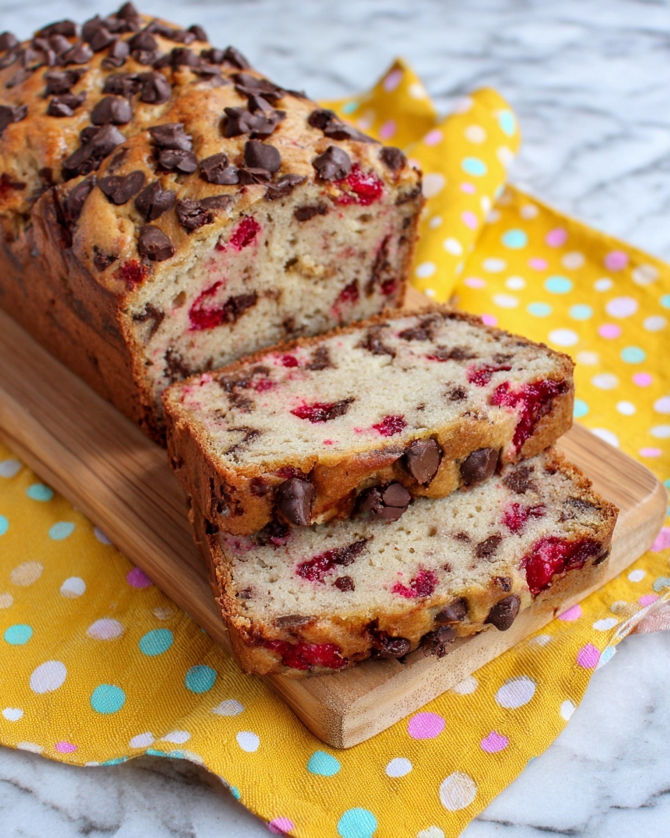 Raspberry Dark Chocolate Banana Bread Recipe 5 A loaf of fruit and chocolate chip bread is shown with two thick slices cut in front. The bread has a golden brown crust with a soft, light beige inside dotted with dark chocolate chips and red berry pieces throughout. The top layer of the loaf is textured with scattered chocolate chips and berries, giving a slightly bumpy look. The loaf and slices rest on a wooden board placed over a yellow cloth with white, pink, and light blue polka dots, all set on a white marbled surface. Photo taken with an iphone --ar 4:5 --v 7