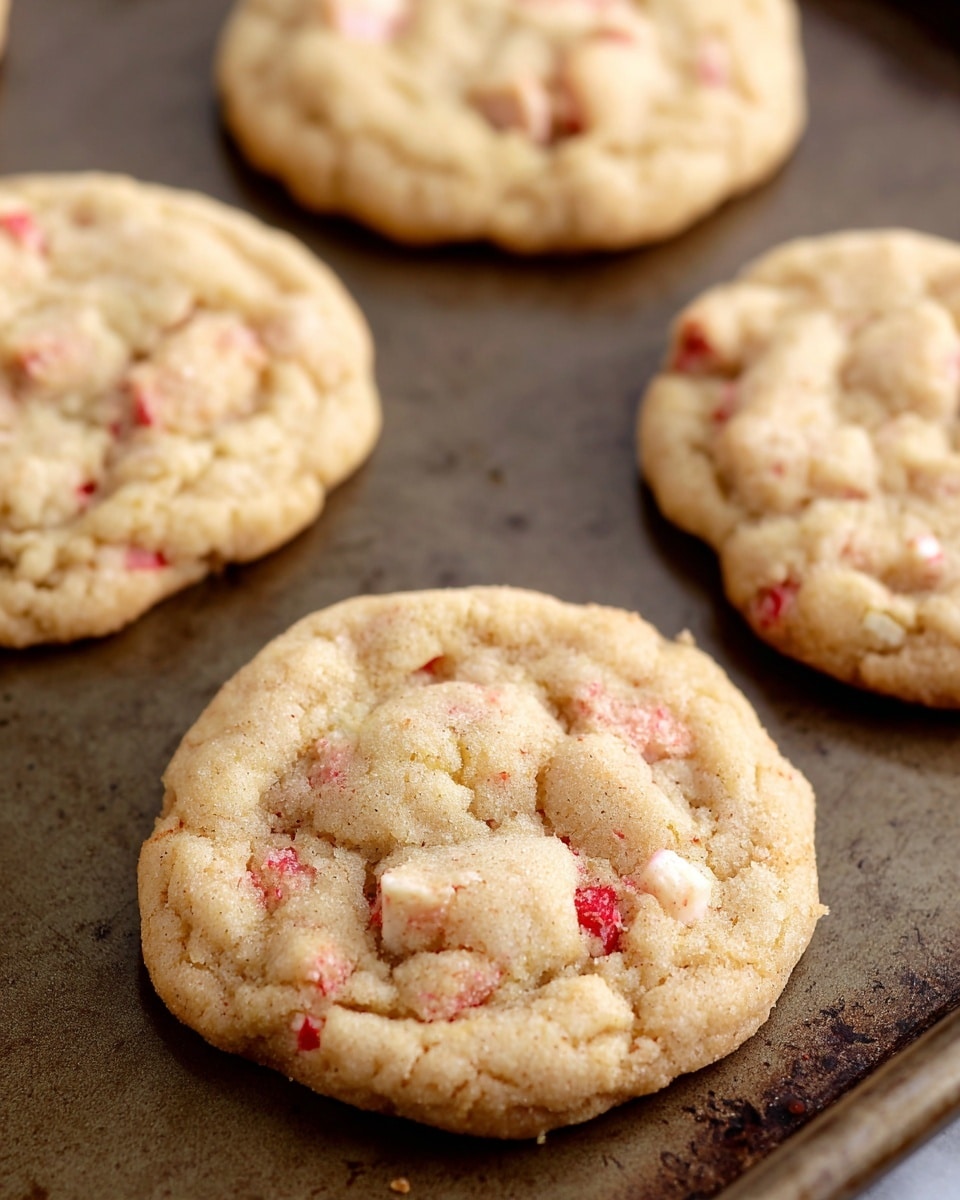The image shows several soft, round cookies with a light golden brown color and small visible pieces of red and light yellow embedded inside. The cookies have a slightly uneven texture on the surface, suggesting a tender and chewy consistency. They are resting loosely on a dark baking sheet with a slightly worn look. The background surface has a clean white marbled texture surrounding the baking sheet. photo taken with an iphone --ar 4:5 --v 7