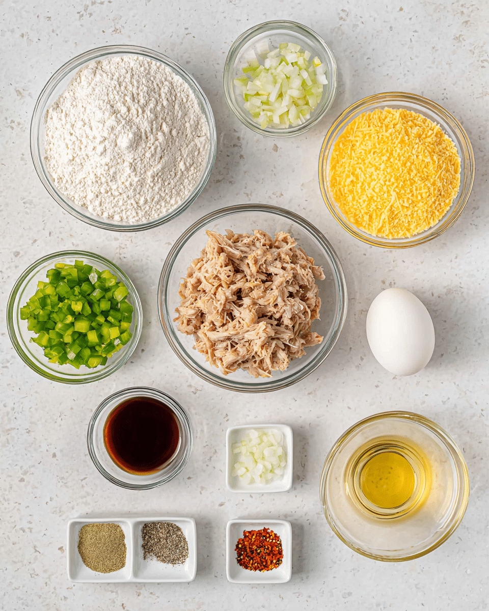 The image shows nine small bowls and a glass cup arranged on a white marbled surface, each holding different cooking ingredients. In the center, there is a clear glass bowl filled with shredded light brown cooked meat. Going clockwise, from top left, a large clear glass bowl holds white flour, next to it a large clear glass bowl shows bright yellow cornmeal. Beside that is a smaller clear glass bowl filled with diced green bell peppers. Below it is a small clear glass bowl with dark brown liquid. A small clear glass bowl contains finely chopped white onions, and next to it, a single whole white egg is placed in another small clear glass bowl. A clear glass cup holds a golden liquid, likely oil or broth. Finally, a small square white bowl contains three types of spices: black pepper, salt, and red chili flakes. The photo is taken with an iphone --ar 4:5 --v 7