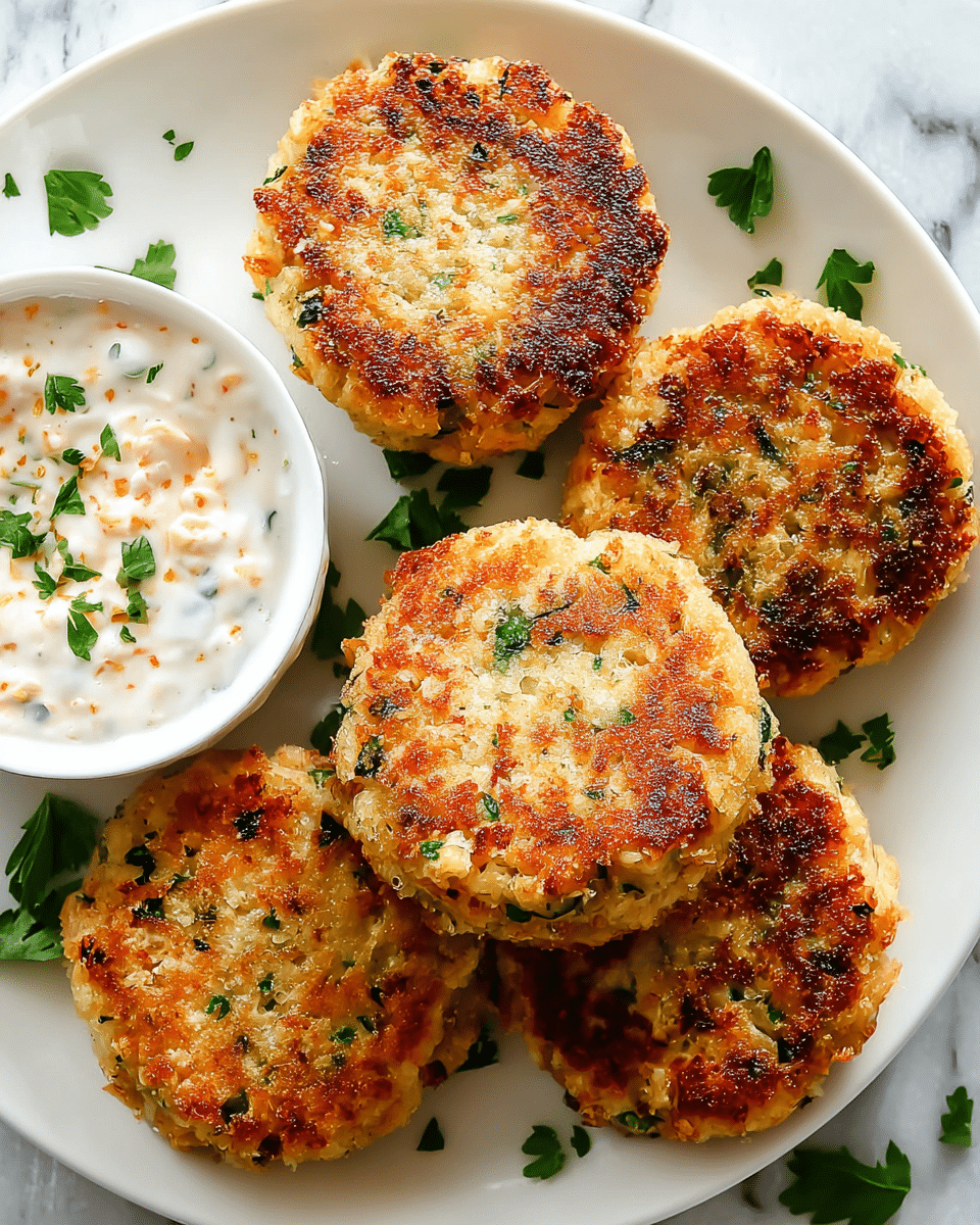 A close-up of three stacked salmon patties on a white plate, with the top patty partially broken to show the inside. The patties have a golden-brown crispy crust with visible small green herb bits. The inside of the broken patty is light pink mixed with white and green bits, showing a soft and moist texture. The white plate sits on a surface with a white marbled texture, and the background is softly blurred showing green and blue colors. Photo taken with an iphone --ar 4:5 --v 7