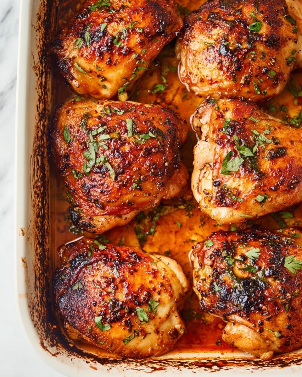 The image shows several golden-brown cooked pieces of chicken in a white baking dish. The chicken pieces are covered in a rich, shiny brown sauce with small bits of herbs sprinkled on top. A spoon with the sauce is pouring over one piece, making it look juicy and glossy. The chicken texture is slightly crispy on the edges with herbs adding green specks all over. The white baking dish has brown cooked marks on the sides, and the dish is placed on a white marbled surface. photo taken with an iphone --ar 4:5 --v 7