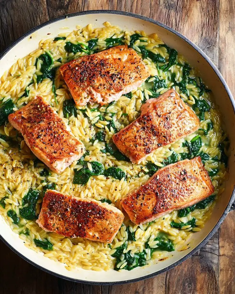 One Skillet Lemon Parmesan Salmon with Orzo Recipe