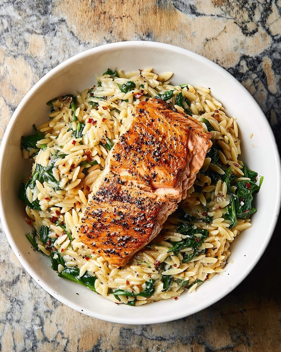 A white shallow bowl filled with two main layers on a white marbled surface: the bottom layer is a creamy mix of orzo pasta with visible green spinach leaves and small bits of onions, seasoned with black pepper and chili flakes, while the top layer is a single piece of cooked salmon with a golden brown, slightly crispy skin showing black pepper seasoning, placed slightly off center on the orzo mix, the overall look is warm and inviting. photo taken with an iphone --ar 4:5 --v 7