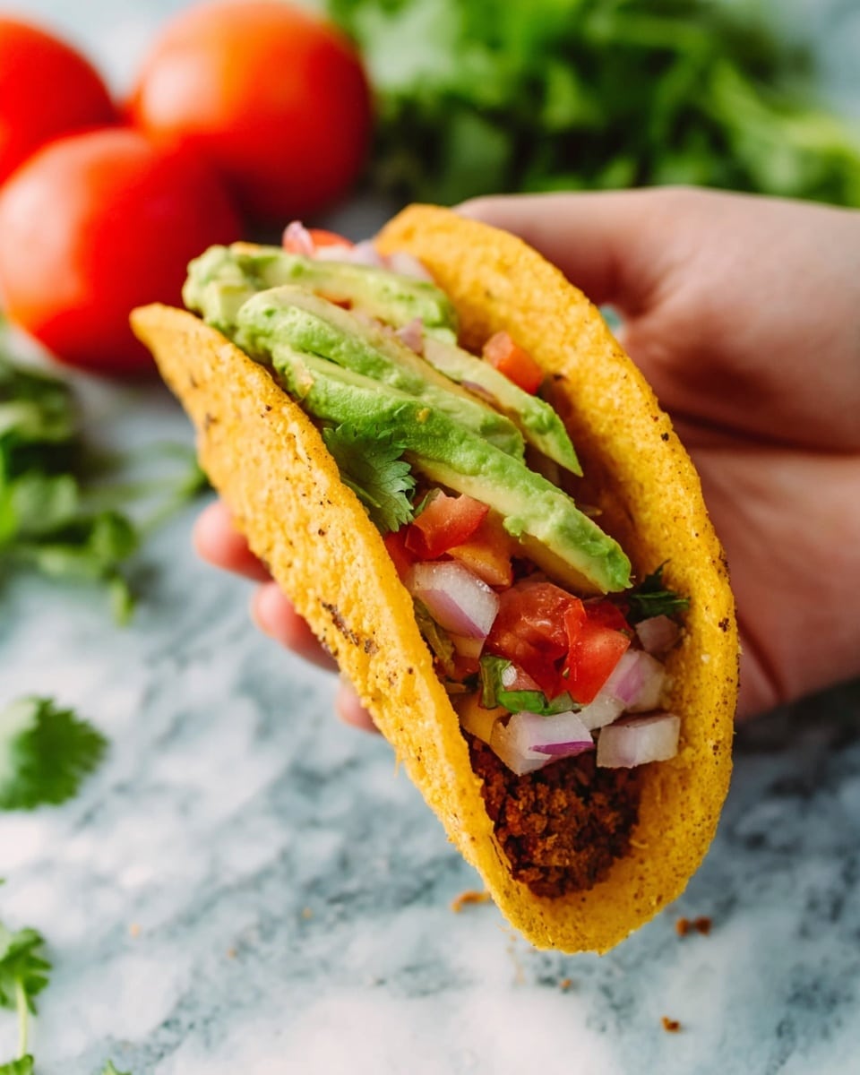 A taco is held by a woman's hand over a white marbled surface. The taco shell is golden yellow and crisp. Inside, layers include bright green avocado slices on top, followed by diced pink tomatoes, white onion pieces, and green cilantro leaves. Some brown cooked filling is also visible underneath the fresh toppings. In the background on the marbled surface, there are whole red tomatoes and some green cilantro sprigs. Photo taken with an iphone --ar 4:5 --v 7