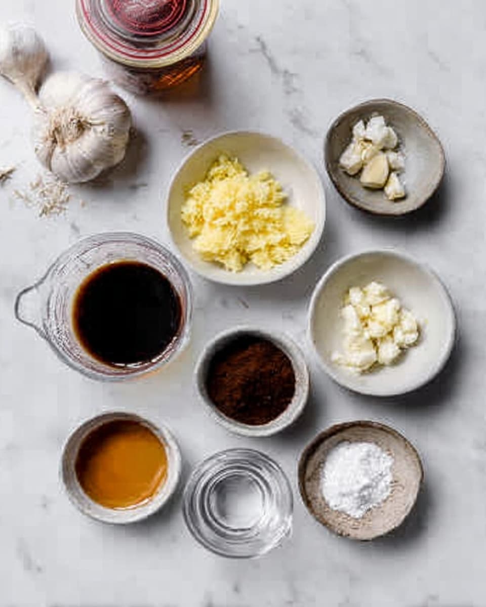 The image shows a white marbled surface with several small white bowls arranged in a loose circle. Each bowl contains a different cooking ingredient: one bowl holds finely chopped yellow ginger, another has small white chunks of garlic, a darker bowl contains a dark cocoa powder, and a light brown bowl has a thick amber liquid likely honey. There is also a small pile of white powder, a small container filled with a dark liquid, and a small glass measuring cup with a small amount of dark liquid inside. In the top left corner, a garlic bulb and a jar with a red lid are partially visible. The overall look is clean and organized, with ingredients spread out neatly. photo taken with an iphone --ar 4:5 --v 7