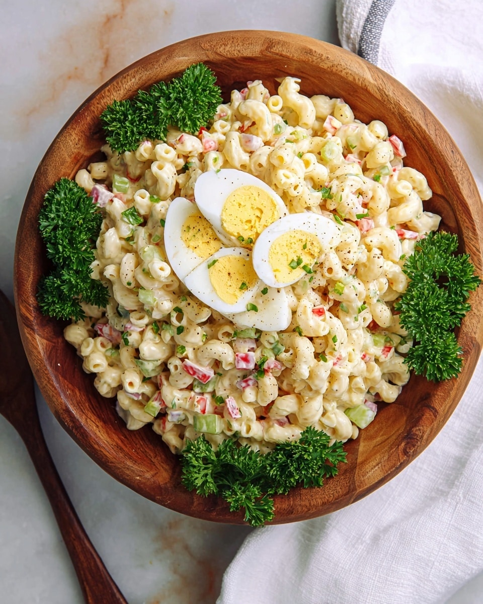 A wooden bowl holds one large layer of creamy macaroni salad mixed with small pieces of red bell pepper, celery, and bits of boiled egg. The macaroni is pale yellow with some specks of black pepper, and there are three slices of boiled egg placed on top. Around the salad, fresh green parsley sprigs add a bright contrast. The bowl sits on a white marbled surface with a white cloth and spoon nearby. photo taken with an iphone --ar 4:5 --v 7