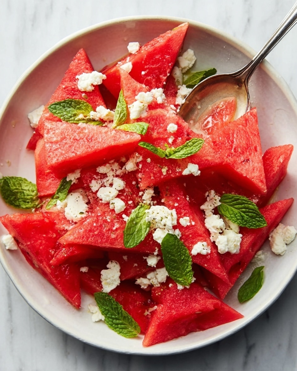 The image shows a white bowl filled with bright red watermelon triangles, arranged in layers. On top of the watermelon are small white crumbles of cheese scattered unevenly, adding a soft texture. Fresh green mint leaves are spread over the watermelon, providing a pop of color and contrast. A silver spoon rests inside the bowl, partly touching the watermelon and cheese. The bowl is set on a white marbled surface. photo taken with an iphone --ar 4:5 --v 7