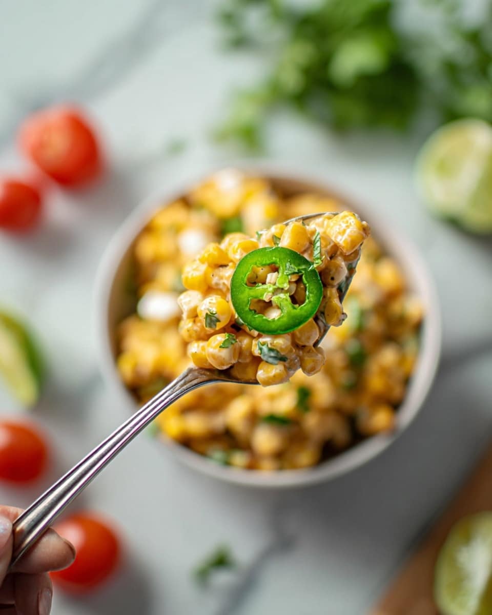 A white bowl filled with a colorful corn salad sits on a light beige cloth on a white marbled surface. The salad has three main layers: the bottom is a base of bright golden-yellow roasted corn kernels mixed with finely chopped green herbs; the middle layer consists of thinly sliced green jalapeño rings and round white radish slices with pink edges scattered on top; the top layer has fresh green cilantro leaves and three large lime wedges placed on one side. A silver spoon with a textured handle rests inside the bowl, slightly submerged in the salad. In the background, there is a small clear bowl with fresh herbs and a few lime wedges next to a white square dish with more radish slices. Photo taken with an iphone --ar 4:5 --v 7