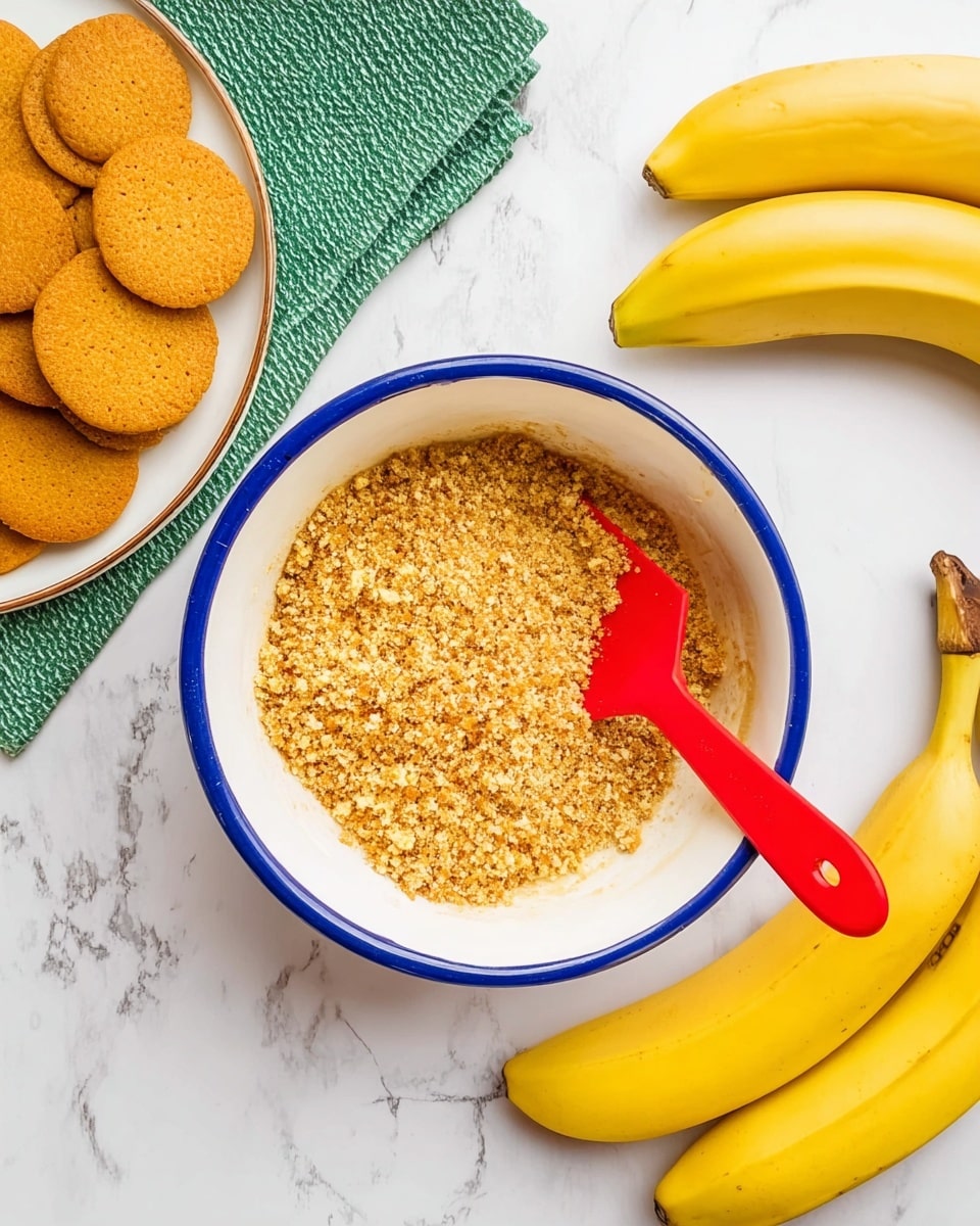 A white bowl with a blue rim holds crushed golden-brown cookies mixed into small crumbs, with a red spatula resting inside the bowl. To the left, there is another white bowl filled with round, golden cookies stacked loosely. On the right side, three yellow bananas lie close together. On the top-left corner, a green cloth is partially visible. All items are placed on a white marbled surface. photo taken with an iphone --ar 4:5 --v 7