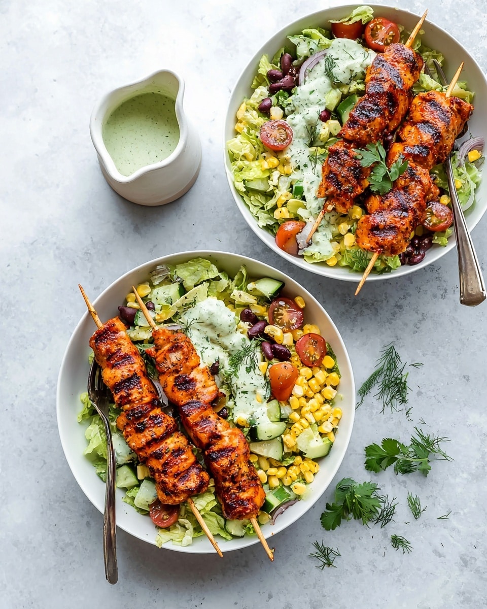 Two white bowls sit on a white marbled surface, each filled with two wooden skewers of glazed grilled chicken, bright orange and shiny with grill marks. Next to the chicken in each bowl is a colorful salad made of light green lettuce, yellow grilled corn, red cherry tomato halves, slices of cucumber, and black beans, all mixed together with a creamy dressing and sprinkled with black pepper. Fresh cilantro leaves garnish both the chicken and salad. A metal fork rests in each bowl, partially inserted into the salad. Nearby, a white ceramic pitcher holds a creamy green sauce with dill on top. Some fresh cilantro sprigs are scattered on the marbled surface around the bowls. photo taken with an iphone --ar 4:5 --v 7