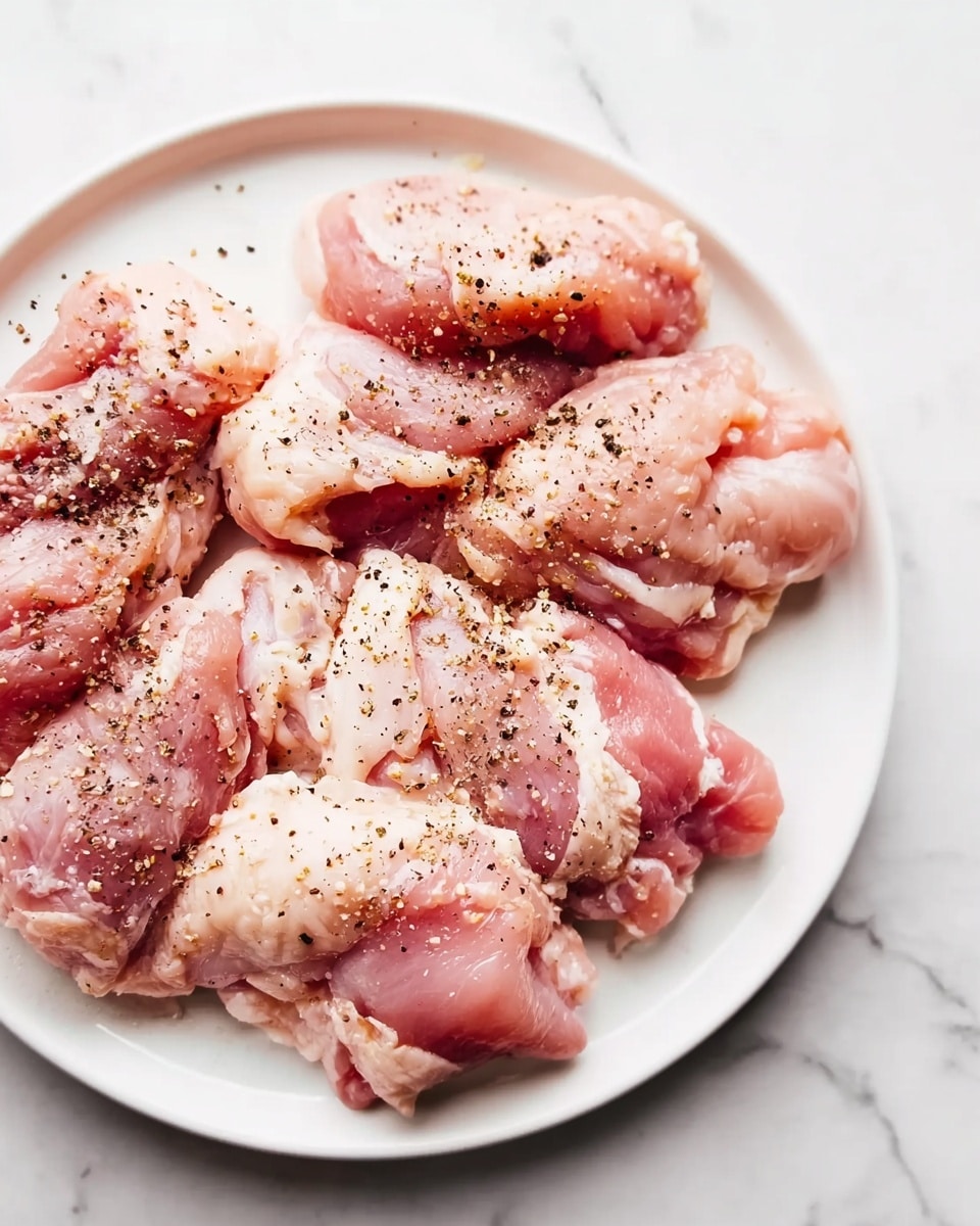 A white plate holds several pieces of raw, pink chicken thighs spread out in a ring-like shape. The chicken pieces show a bumpy texture with bits of fat, and they are sprinkled with coarse black pepper and salt. The plate is placed on a white marbled surface which gives a clean and bright look. The lighting highlights the moistness and softness of the raw meat. Photo taken with an iphone --ar 4:5 --v 7