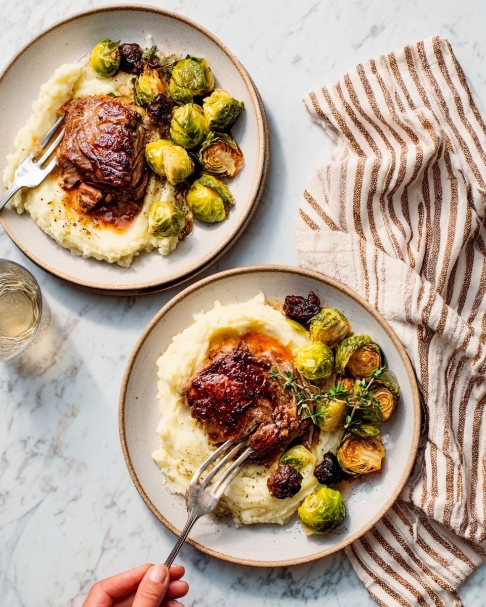 Two white plates sit on a white marbled surface, each filled with a food arrangement in three distinct layers. The bottom layer is creamy mashed potatoes, smooth and pale, spread evenly across the plate base. On top and slightly to the side of the mashed potatoes is a juicy, browned piece of roasted meat with a shiny, slightly crispy skin that looks well-seasoned. Around the mashed potatoes and meat are small, roasted vegetables including golden-brown Brussels sprouts and bite-sized dark brown pieces, possibly mushrooms or roasted nuts. A woman's hand holds a fork over one plate, ready to take a bite. A striped beige, white, and brown cloth is partly visible near one plate. The photo was taken with an iphone --ar 4:5 --v 7