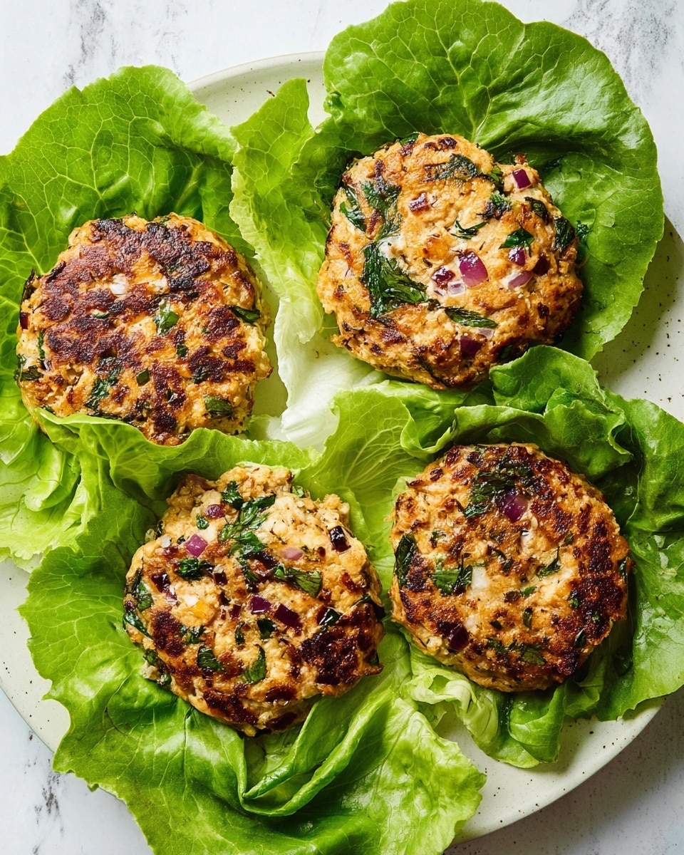 Four round patties with a golden-brown surface are arranged on large green butter lettuce leaves. Each patty has visible pieces of green herbs and small bits of red onion mixed throughout, giving a textured look to their slightly crisp, browned tops. The patties rest on a white plate set against a white marbled surface. The overall look is fresh and homemade, with the bright green lettuce providing a fresh contrast to the warm-colored patties photo taken with an iphone --ar 4:5 --v 7