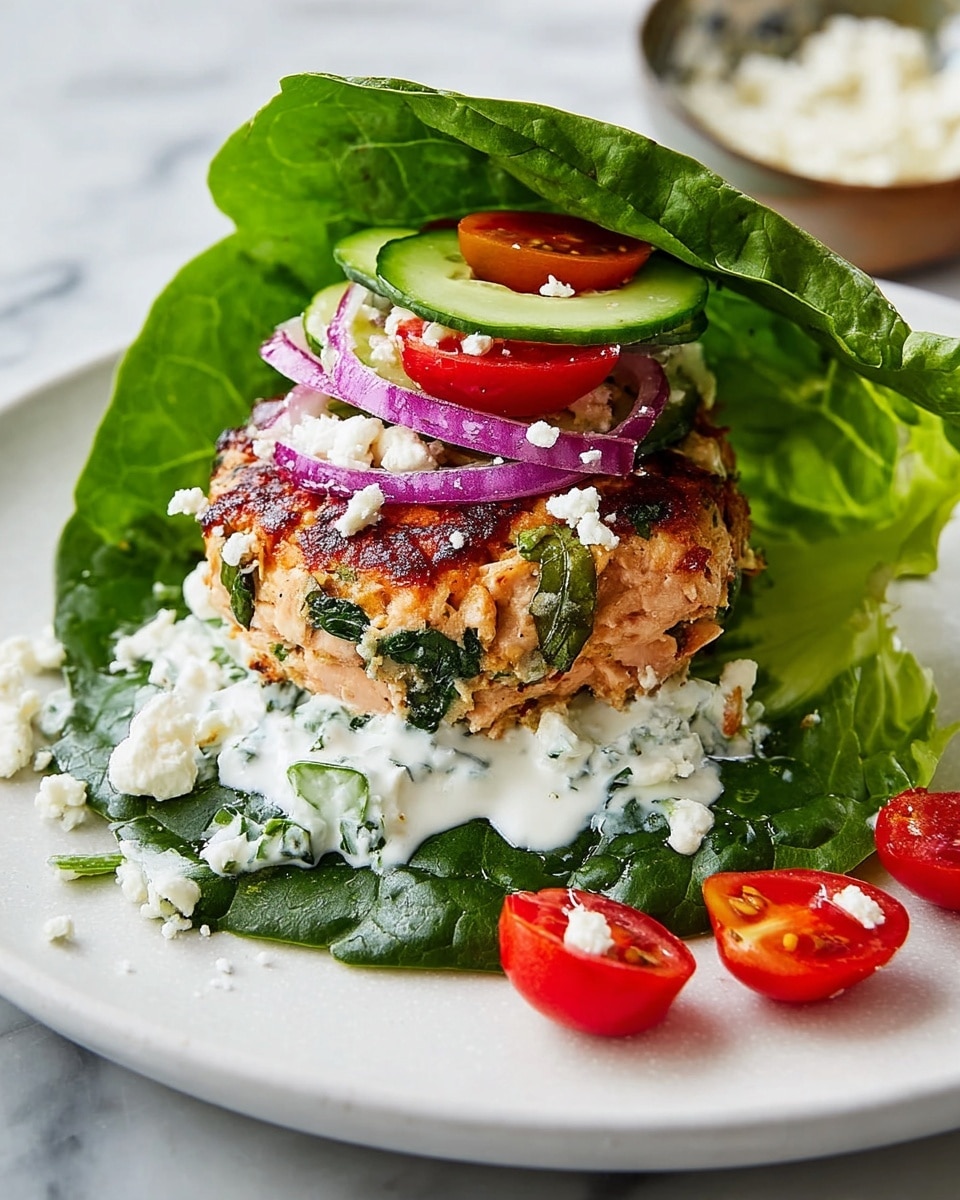 A white plate with a white marbled surface holds a layered salmon patty dish wrapped in large, fresh green leaves. The bottom layer is a creamy white sauce with small green herbs, topped with a thick, golden-brown salmon patty mixed with green and purple bits. Above the patty, there are slices of bright purple onion, light green cucumber, and halved red cherry tomatoes with scattered crumbled white cheese. More large green leaves fold over the top, and extra cherry tomato halves sit on the plate's side. Photo taken with an iphone --ar 4:5 --v 7