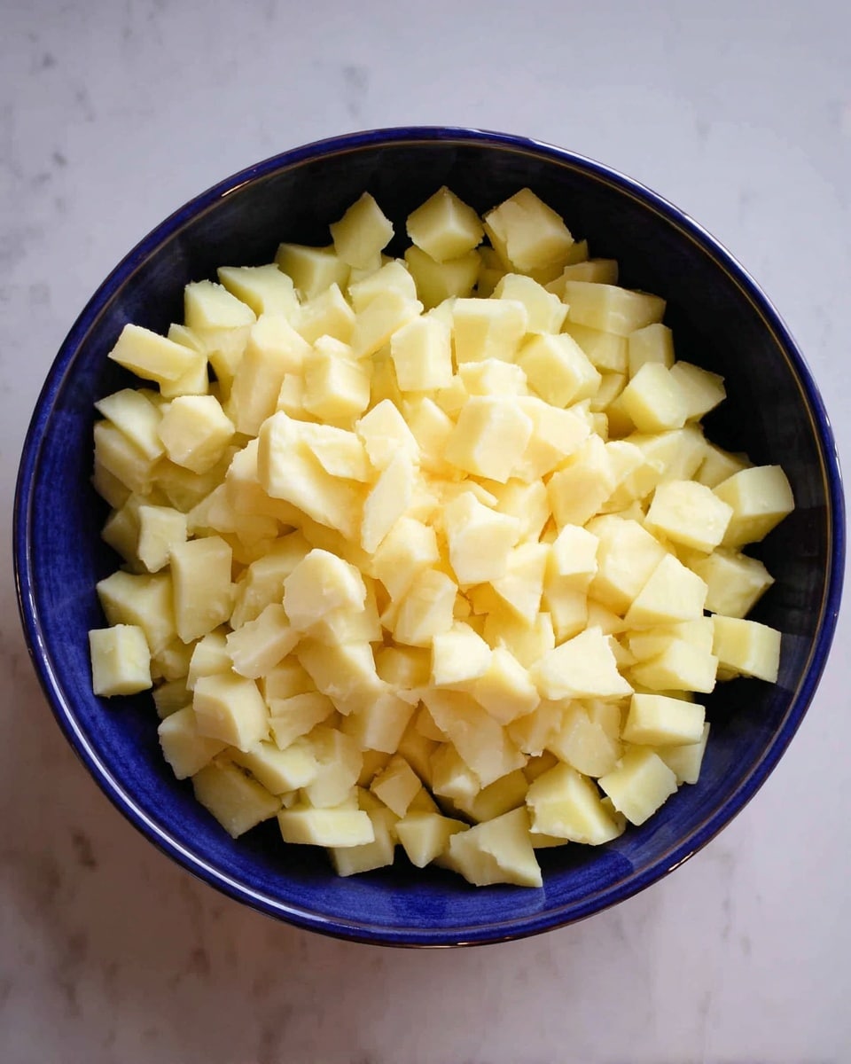 A dark blue bowl filled with many small, light yellow cubes of peeled potato pieces. The cubes are piled high, showing a mix of smooth and slightly rough edges, sitting inside the bowl that has a smooth inner surface. The bowl is placed on a white marbled surface with soft natural light reflecting from a window. photo taken with an iphone --ar 4:5 --v 7