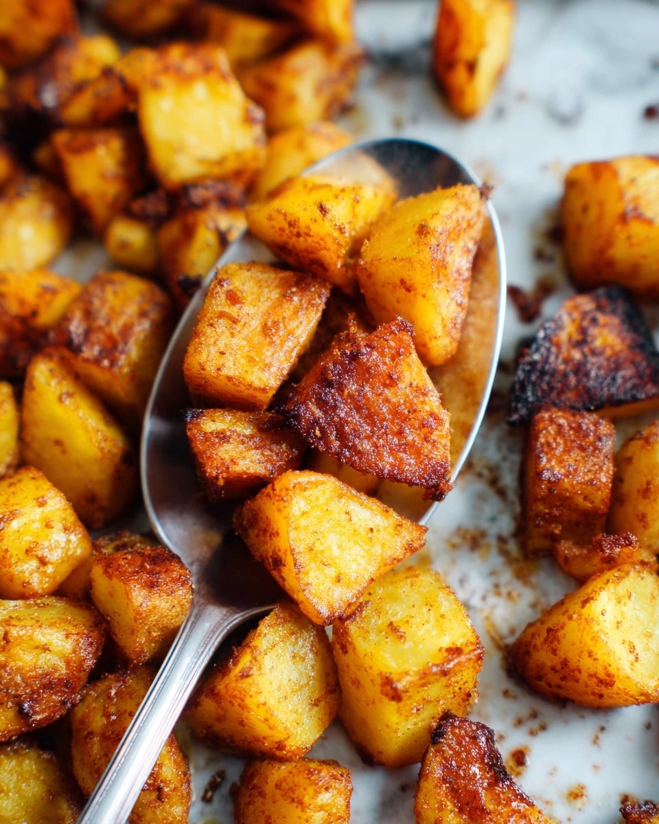 The image shows many small, roasted potato cubes with a golden brown and crispy outer layer, slightly charred on some edges, piled on a silver spoon and a white marbled surface beneath. The potatoes have a mix of light yellow and deep orange hues with a dusting of spices creating a slightly rough texture. The silver spoon is almost full, resting among scattered potato pieces on the marbled surface. Photo taken with an iphone --ar 4:5 --v 7