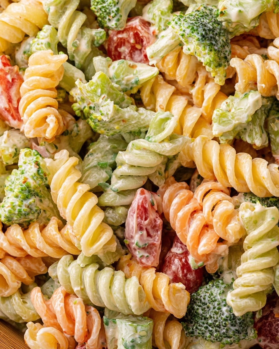 A wooden spoon holds a close-up serving of pasta salad with three layers of spiral pasta in yellow, green, and orange colors mixed together with chopped red bell peppers and dark green cucumber pieces. The pasta salad is coated in a creamy white dressing. The spoon is over a wooden bowl filled with more pasta salad, set on a white marbled surface. In the blurred background, a clock is partially visible. photo taken with an iphone --ar 4:5 --v 7
