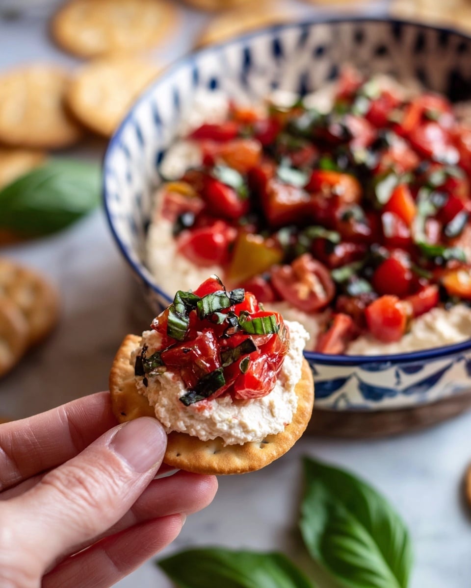 A woman's hand holds a small round toasted cracker with three layers: the bottom layer is golden brown and crispy, the middle layer is a thick spread of white creamy cheese, and the top layer is a mix of bright red chopped tomatoes and dark green basil pieces. In the background, a large white bowl with blue patterns is filled with the same three-layered mixture, with the creamy white cheese at the bottom and the bright red tomato and green basil mix on top. Fresh basil leaves and a few more crackers are scattered around on a white marbled surface. Photo taken with an iphone --ar 4:5 --v 7