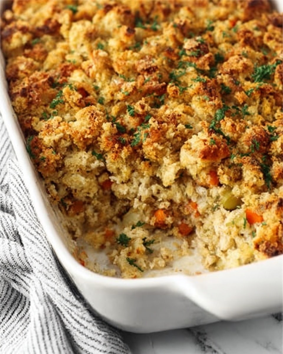 A close-up of a white ceramic baking dish filled with a layered casserole. The bottom layer contains a creamy mixture with visible small pieces of orange carrots and green herbs. The top layer is a thick, golden-brown crumble that looks crispy and slightly uneven in texture. A portion of the casserole is scooped out, showing the creamy inside with some herbs. A white and gray striped cloth is placed next to the dish on a white marbled surface. photo taken with an iphone --ar 4:5 --v 7