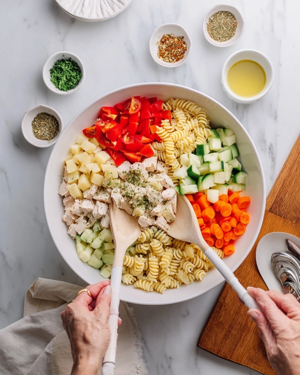 In a large white bowl on a white marbled surface, there are seven visible layers of ingredients placed side by side: chopped cooked chicken in light beige, diced red bell peppers in bright red, shredded bright orange carrots, diced cucumbers with green skin and pale inside, halved cherry tomatoes in red, small cubes of pale yellow cheese, and spiral pasta in light beige. Two wooden spoons with white handles are mixing the ingredients inside the bowl, held by a woman's hands. Around the bowl, there are three small white bowls, one with chopped green herbs, one with a pale yellow dressing with a spoon inside, and one with mixed dry spices. Nearby is a white plate with utensils and part of a wooden board visible in the background. Photo taken with an iphone --ar 4:5 --v 7