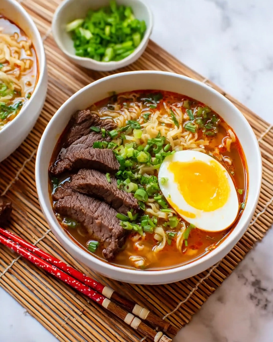A white bowl filled with three main layers: the bottom layer is light-colored noodles in a reddish broth, the middle layer has several slices of dark brown cooked beef placed on the left side, and the top layer shows half of a boiled egg with a bright yellow yolk on the right, all sprinkled with chopped green onions. The bowl is on a bamboo mat over a white marbled surface, with wooden chopsticks that have red and white handles resting beside it. In the background, a small white bowl with more chopped green onions and another bowl with a similar dish are slightly visible. photo taken with an iphone --ar 4:5 --v 7