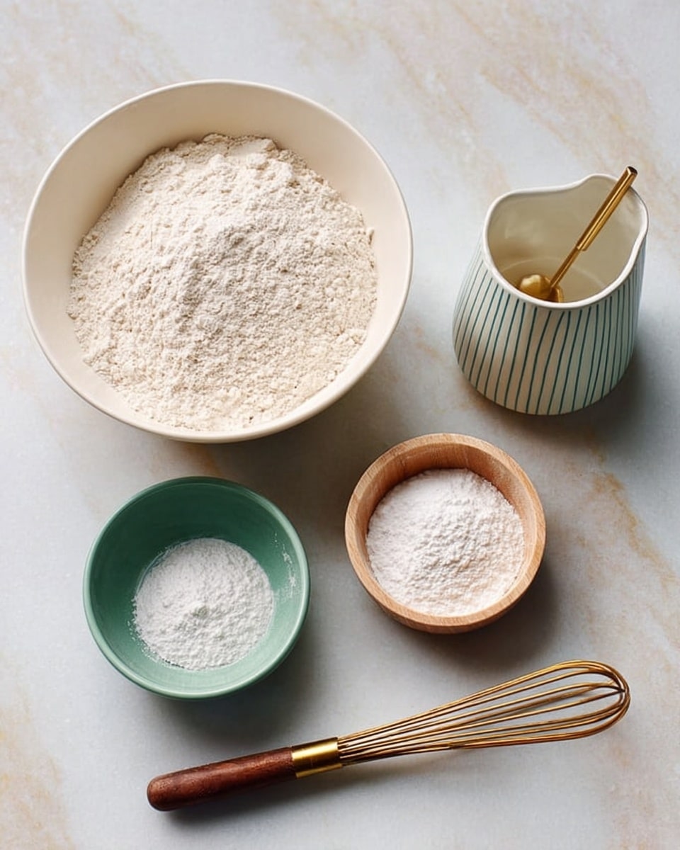 A white marbled surface holds five items arranged neatly: a large white bowl filled with light beige flour, a small green bowl with a white powder inside, a small wooden bowl also containing white powder, a white and green striped container with a gold spoon resting on top, and a metal whisk with a dark wooden handle placed on the right side. The colors are soft and natural, with the powders showing fine texture, and the containers and tools appear clean and ready for baking. photo taken with an iphone --ar 4:5 --v 7