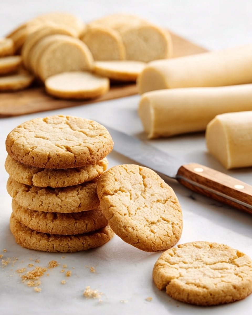 The image shows multiple soft, round, light golden cookies with slightly cracked tops, stacked in two neat piles with one cookie lying flat in front on a white marbled surface. In the background, there are some dough logs, light beige in color, sliced into rounds and placed next to a wooden cutting board. A knife with a wooden handle rests on the white marbled surface beside the dough logs. The overall scene is bright and clean, focusing on the texture and color of the freshly baked cookies and the dough preparation photo taken with an iphone --ar 4:5 --v 7