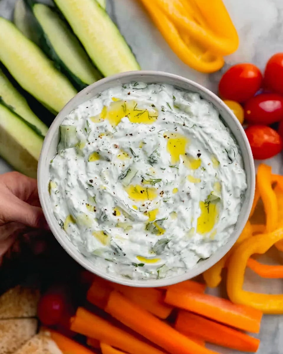 A white bowl filled with creamy white dip with green herbs and drizzled with yellow olive oil sits at the center of a dark blue plate. Around the bowl, on the plate's left side, there are some triangular beige pita bread pieces. On the plate’s right side, there are bright red grape tomatoes, and below them, yellow mini bell peppers cut in halves with seeds inside. At the bottom left side, orange baby carrots lay next to the pita bread. The plate is placed on a dark wooden surface. Photo taken with an iphone --ar 4:5 --v 7