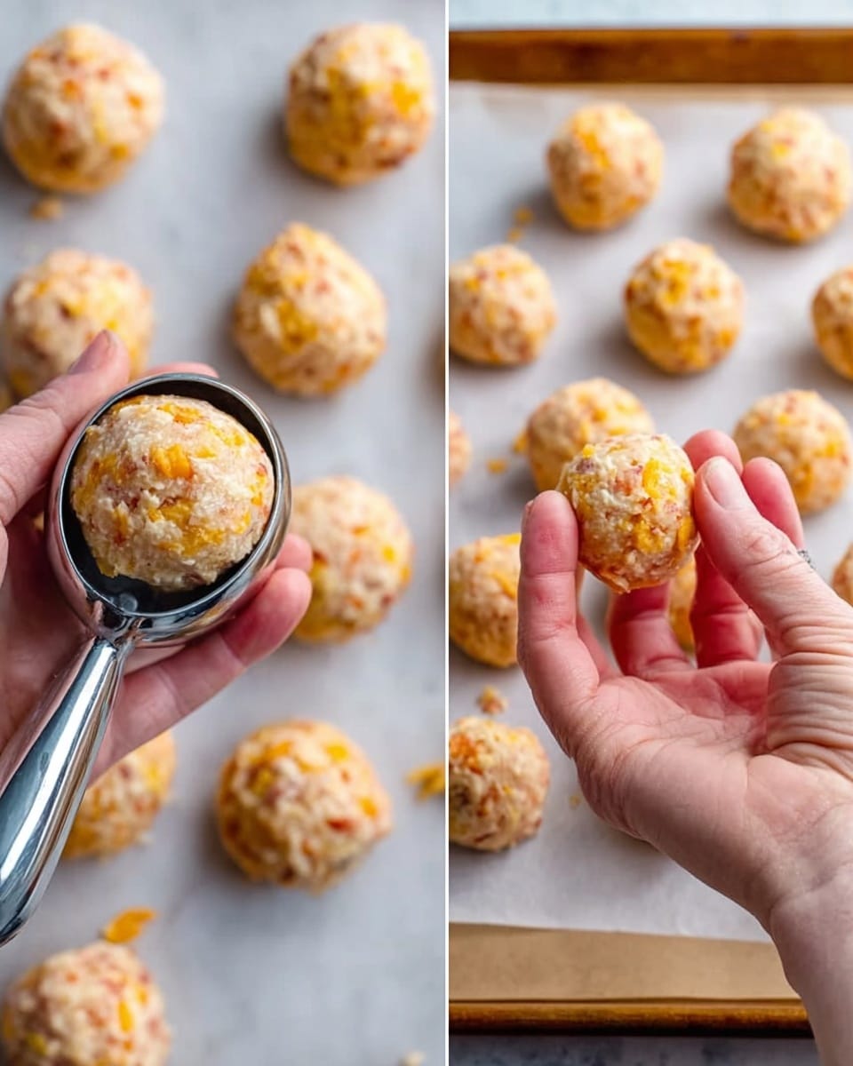 The image shows a close-up of small round balls made from mixed ingredients including bits of orange and white, placed on a baking tray lined with parchment paper over a white marbled surface. On the left side, a metal ice cream scoop holds one of the balls, showing texture with visible bits of orange pieces in a pale dough. On the right side, a woman's hand gently holds one completed ball, showing its smooth round shape. Behind these main subjects, many more balls are evenly spaced on the tray, all similar in size and color. Photo taken with an iphone --ar 4:5 --v 7