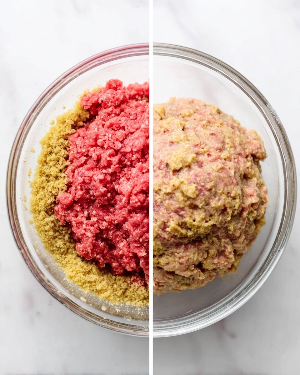 Two images side by side on a white marbled surface show the process of mixing ingredients in a clear glass bowl. On the left, the bowl contains two distinct parts: one half filled with bright red raw ground meat with a rough texture, and the other half filled with a grainy, light yellow mixture. On the right, the same ingredients are fully mixed into a single, round, pinkish-beige mixture with uneven small chunks visible inside the bowl. The bowl has a simple clear design, and the scene is lit softly for clarity. Photo taken with an iphone --ar 4:5 --v 7