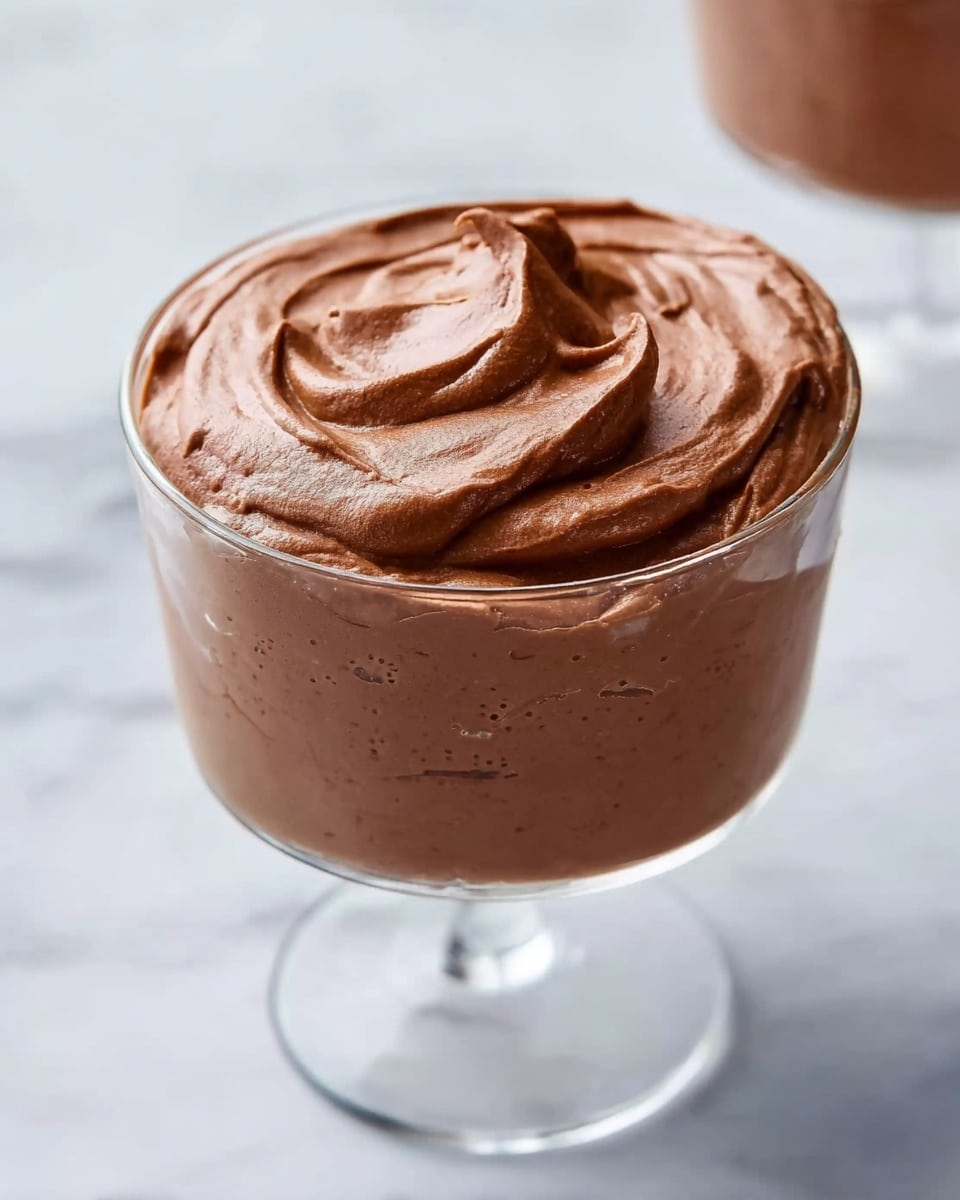 A clear glass dessert cup filled with one thick layer of smooth, creamy chocolate mousse, light brown in color with soft swirls and a slightly glossy texture on top. The mousse fills the cup just to the rim, showing some tiny air bubbles and a rich, fluffy consistency. The dessert is placed on a surface with white marbled texture, and the image focuses closely on the mousse with a soft background blur. photo taken with an iphone --ar 4:5 --v 7