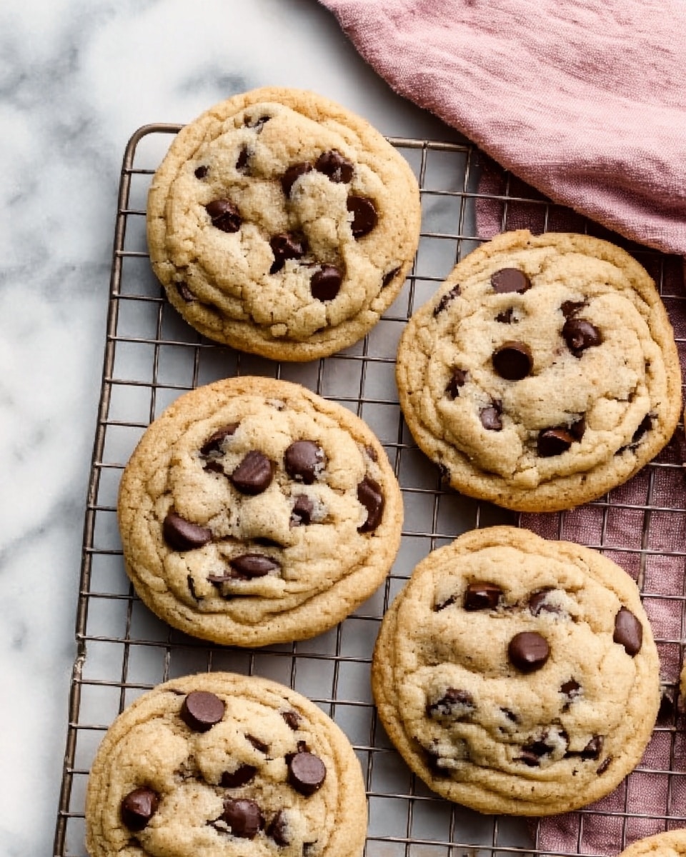The image shows five round chocolate chip cookies cooling on a metal rack placed on a white marbled surface. Each cookie has a light golden-brown color with visible soft texture and several dark chocolate chips spread unevenly on top. The cookies appear thick with slight cracks and ridges on their surface, showing a chewy inside. A pink cloth is partially visible on the top right corner. Photo taken with an iphone --ar 4:5 --v 7