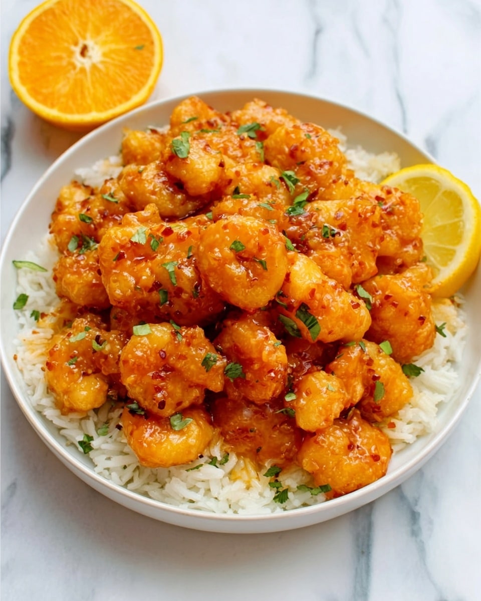 A white plate holds a bed of fluffy white rice topped with golden brown fried shrimp, coated in a shiny orange sauce. The shrimp are layered evenly over the rice, and small green herb pieces are sprinkled on top. A slice of bright yellow lemon rests on the edge of the plate. The plate is set on a white marbled surface, creating a clean and simple background. photo taken with an iphone --ar 4:5 --v 7