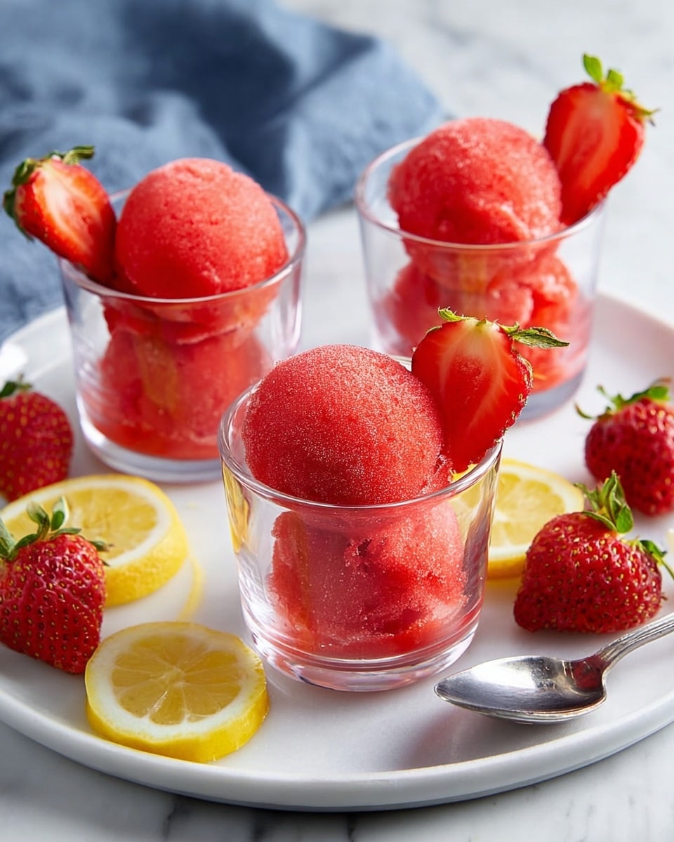 Three clear glass cups each hold two bright red scoops of strawberry sorbet with a rough, icy texture. Each cup is garnished with a half fresh strawberry on the rim showing its bright red inside with seeds and green leaves. Around the cups, whole and halved fresh strawberries are scattered on a round white plate with a soft marbled texture, along with two lemon wedges adding a pale yellow color. The setting includes a shiny metal spoon and a blurred blue cloth in the background on the white marbled surface. Photo taken with an iphone --ar 4:5 --v 7