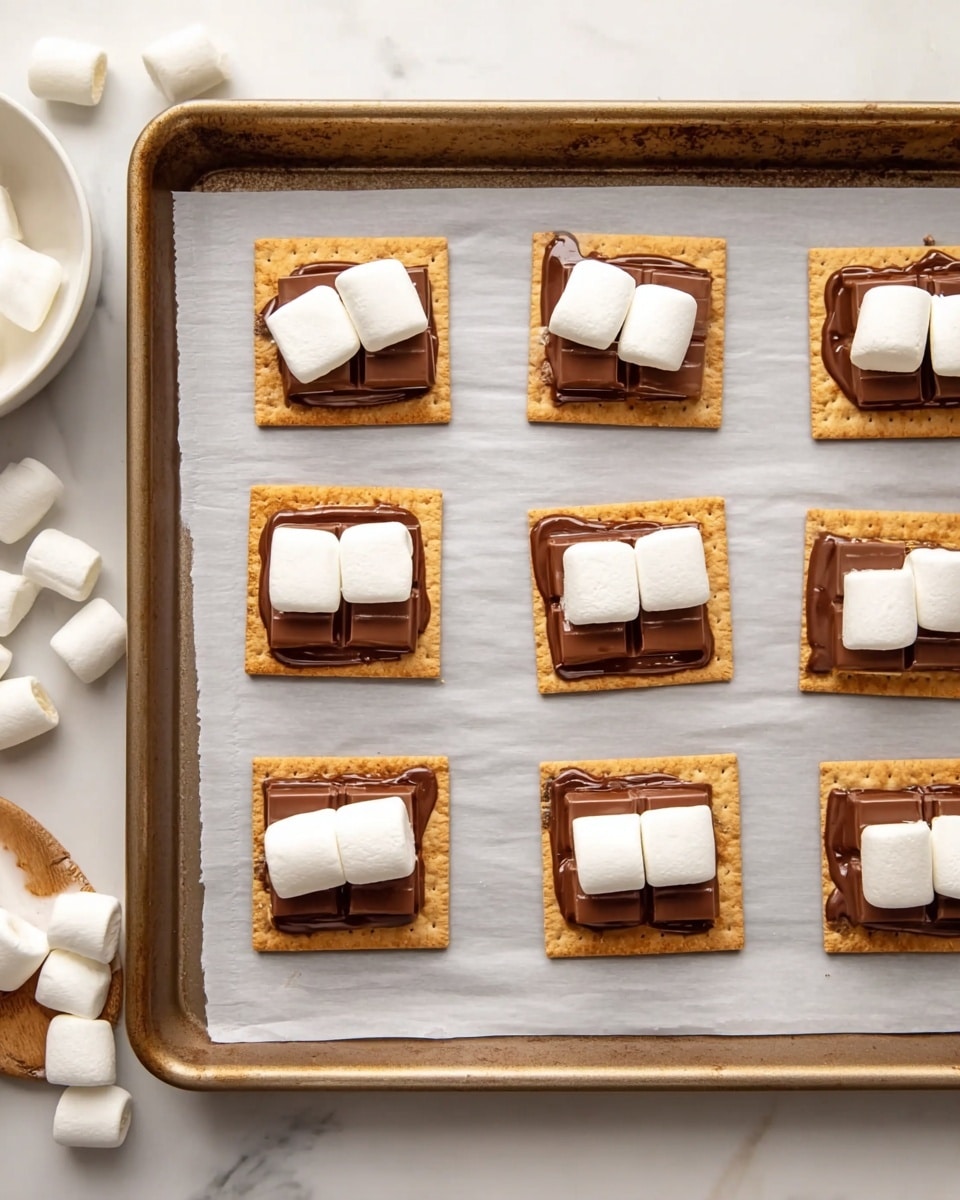 A baking tray lined with light gray parchment paper holds nine small open-faced s'mores arranged in a grid pattern. Each s’more has a square layer of light tan graham cracker at the bottom, a middle layer of rectangular chocolate pieces that cover the cracker, and two white, soft marshmallows placed side by side on top of the chocolate. The scene includes some loose marshmallows and a small white bowl with a white marbled background visible at the edges. Photo taken with an iphone --ar 4:5 --v 7