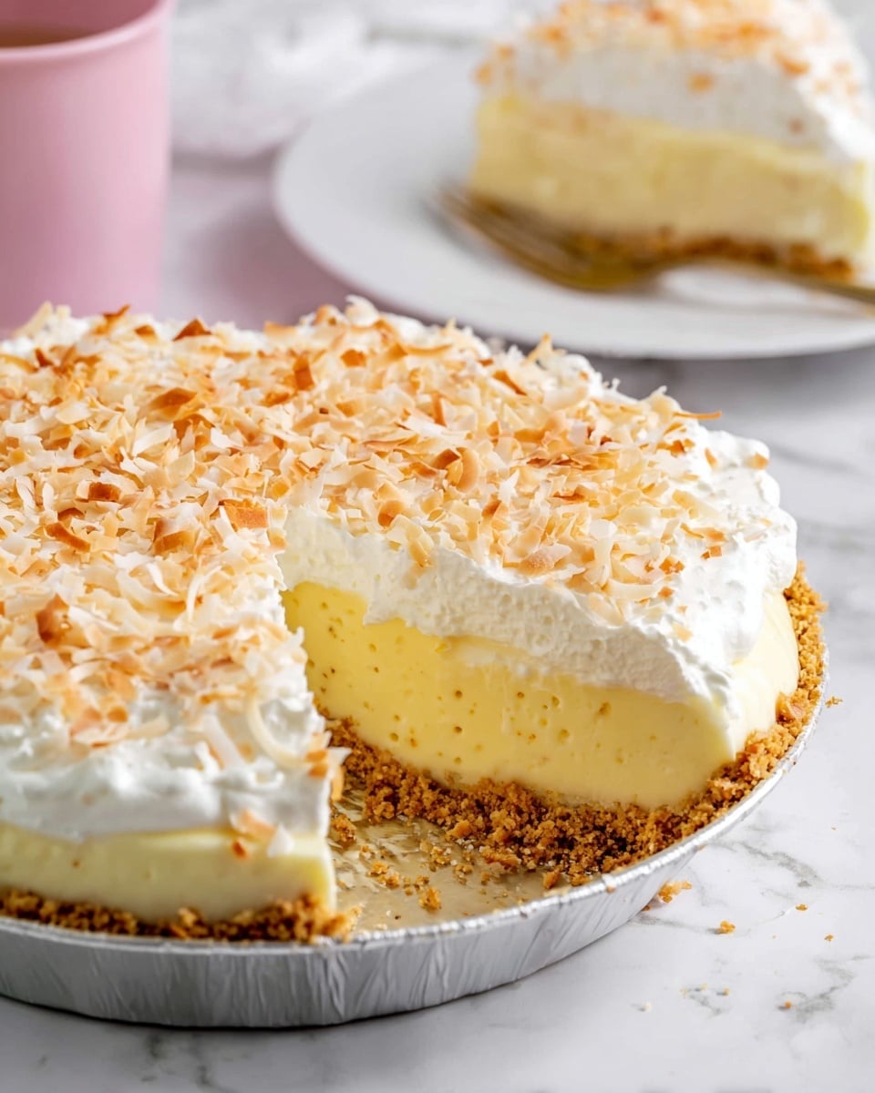 This image shows a three-layered coconut cream pie in a round silver pie pan placed on a white marbled surface. The bottom layer is a light brown crumbly crust. Above it is a thick, pale yellow creamy filling with a smooth texture and small air bubbles. The top layer is a white whipped topping covered with toasted, golden-brown shredded coconut. In the background, a white plate holds a slice of the pie, and a pink cup is partly visible. Photo taken with an iphone --ar 4:5 --v 7