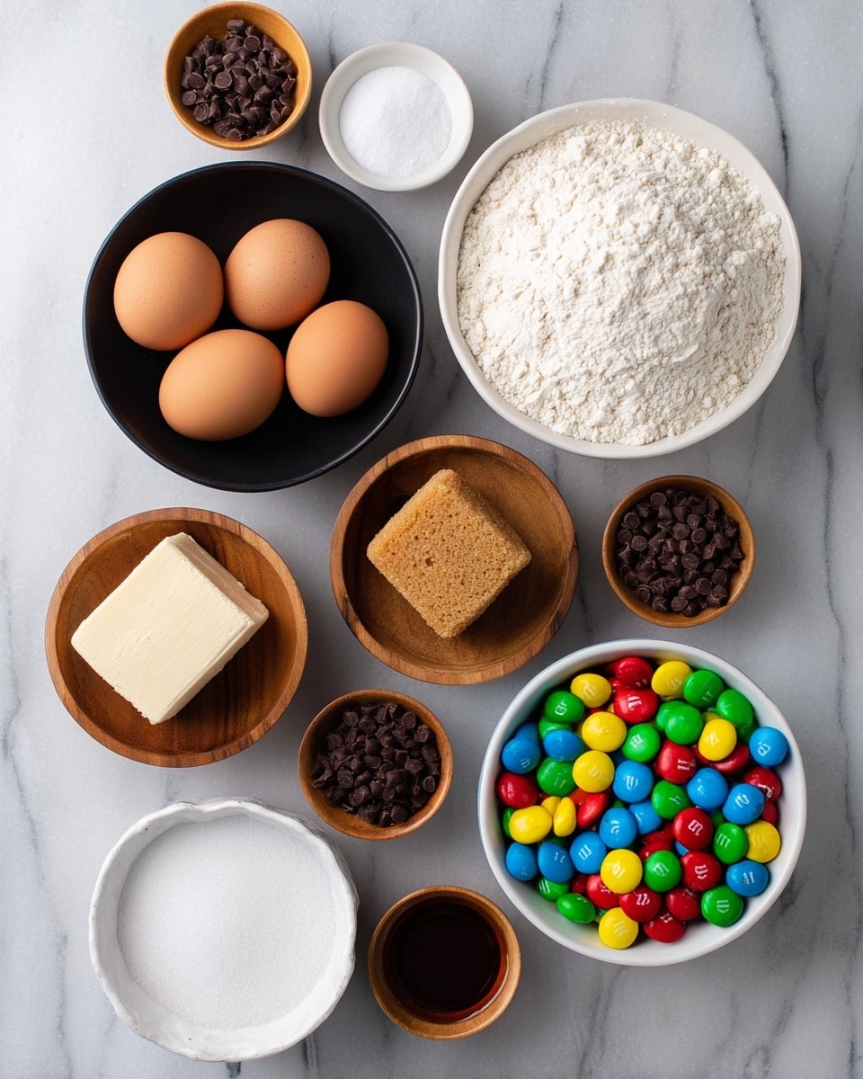 The image shows a white marbled surface with several ingredients arranged neatly. There is a black bowl holding three brown eggs, a white bowl filled with white flour, and a wooden bowl containing small dark chocolate chips. Another wooden bowl holds light brown sugar shaped in a round block, and a similar bowl contains white granulated sugar. Smaller wooden bowls hold salt, baking soda, and vanilla extract. A white cup filled with colorful M&M candies is also present in the composition, adding a bright mix of red, green, yellow, blue, and orange colors. The photo is taken with an iphone --ar 4:5 --v 7