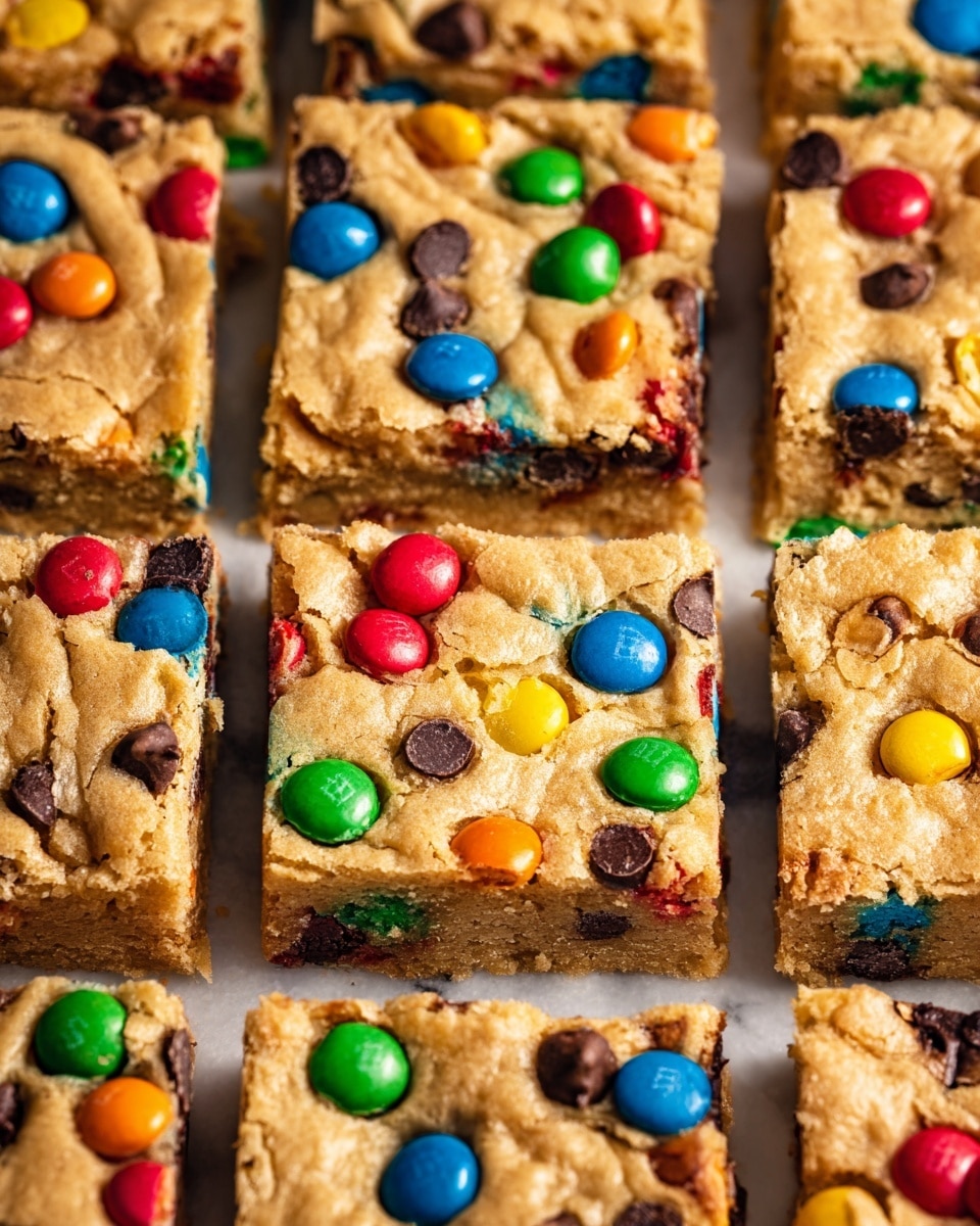 A stack of four thick, square dessert bars on a white marbled surface, each layer showing a soft, chewy texture filled with colorful candy-coated chocolate pieces in red, green, blue, yellow, and orange, along with scattered chocolate chips throughout. The bars have a light golden brown color, with the candies standing out vividly against the cookie dough base. The stack is slightly uneven, with the top bar fully visible and the edges showing some crumbly bits. Photo taken with an iphone --ar 4:5 --v 7