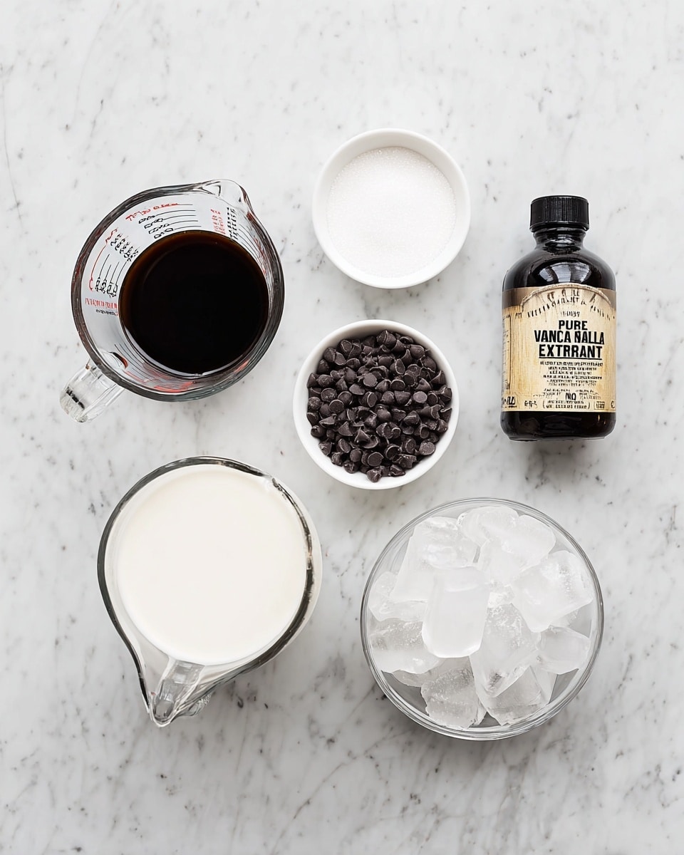 The image shows six small containers arranged neatly on a white marbled surface. From left to right on the top row, there is a clear measuring cup with dark brown liquid inside marked with black measurements, a dark brown bottle labeled