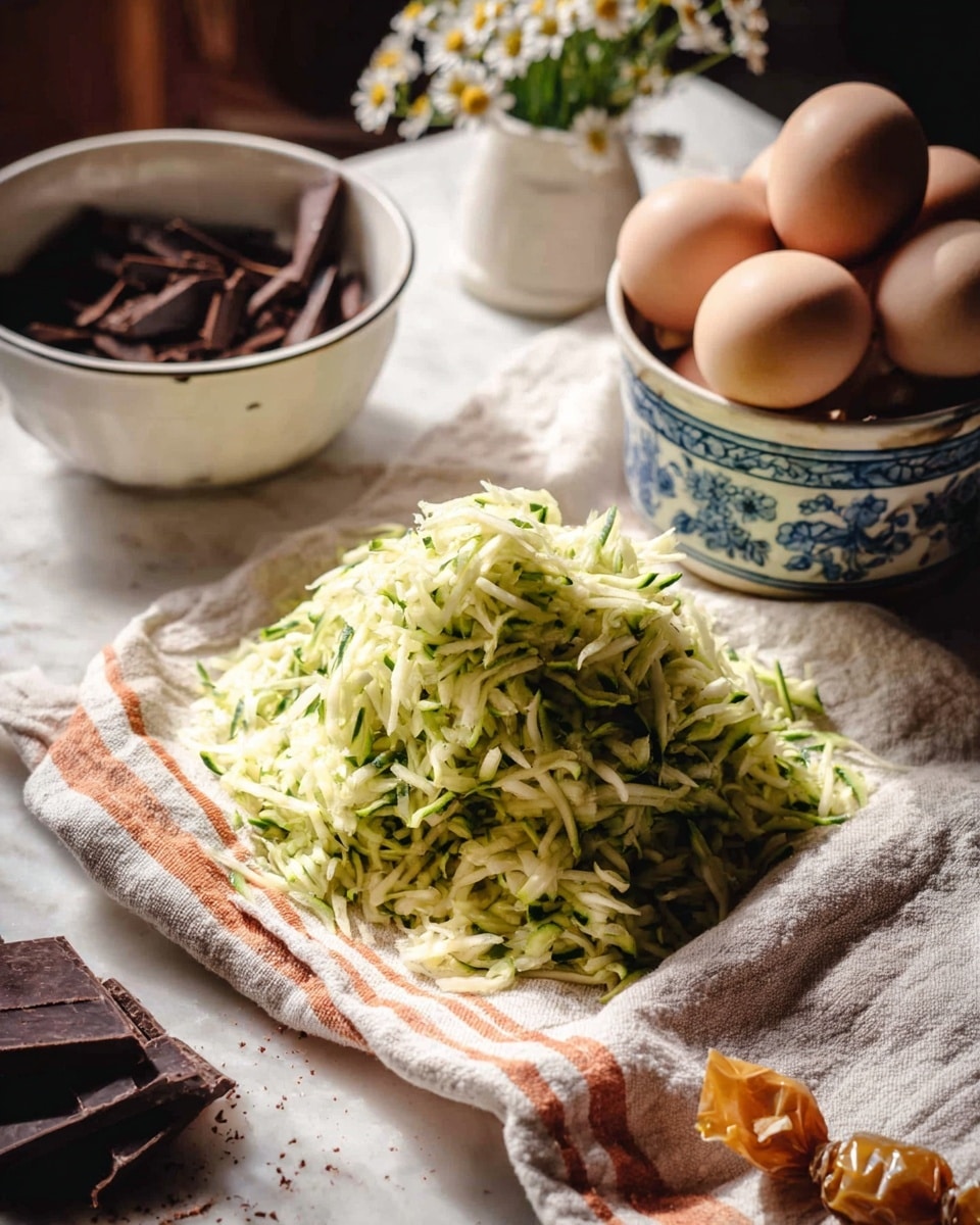 A pile of finely shredded green and light yellow zucchini sits on a soft beige cloth with orange stripes, resting on a white marbled surface. To the left is a white bowl filled with dark brown chocolate pieces, while behind the zucchini there is a white bowl with a blue floral pattern holding several light brown eggs. On the right side, a white pot holds small white and yellow flowers, while two small caramel-colored wrapped candies sit nearby. The whole scene has warm natural light highlighting the fresh textures and colors. Photo taken with an iphone --ar 4:5 --v 7