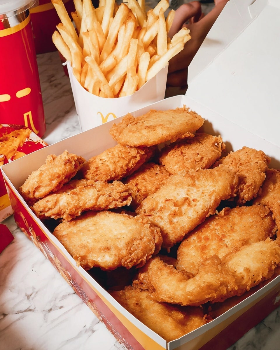The image shows a white open box filled with a stack of golden-brown fried chicken pieces with a crispy texture, arranged closely together, covering the entire bottom layer. Above and slightly behind the box is a white container filled with thin, long, light golden french fries standing upright and spilling slightly over the edge. The background has a white marbled texture, and a woman's hand is partially visible near the top left corner, holding a fries container. A red and yellow container and a red can with white text are also present in the background. photo taken with an iphone --ar 4:5 --v 7