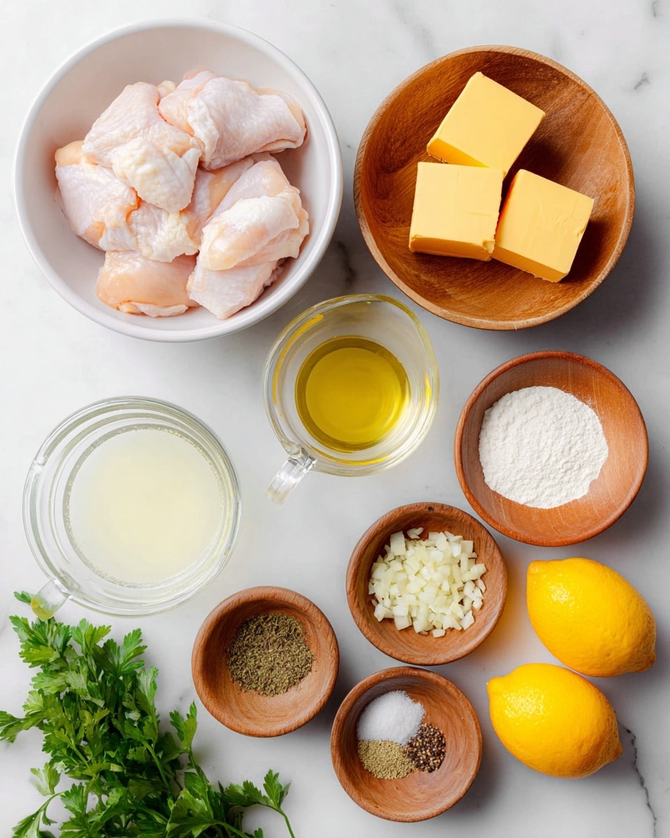 The image shows raw chicken pieces placed in a white bowl on the left side. Above and to the right, there is a wooden bowl with three blocks of yellow butter, and near it, another wooden bowl containing a white powder, likely flour. In the center, two clear glass measuring cups are visible: one with a light yellow liquid and the other with a white liquid. Small wooden bowls hold finely chopped shallots, minced garlic, and a mix of seasonings including black pepper, salt, and a yellow spice. Two whole bright yellow lemons are placed at the bottom right. Fresh green parsley lies at the bottom left on a white marbled surface. Photo taken with an iphone --ar 4:5 --v 7