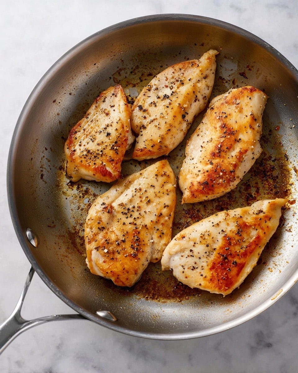 A metal frying pan contains four cooked chicken pieces, each browned with a slightly crispy look and sprinkled with black pepper. The chicken pieces have a golden brown color with some lighter creamy parts. The pan has a shiny silver surface with some brown spots from cooking. The background is a white marbled texture. photo taken with an iphone --ar 4:5 --v 7