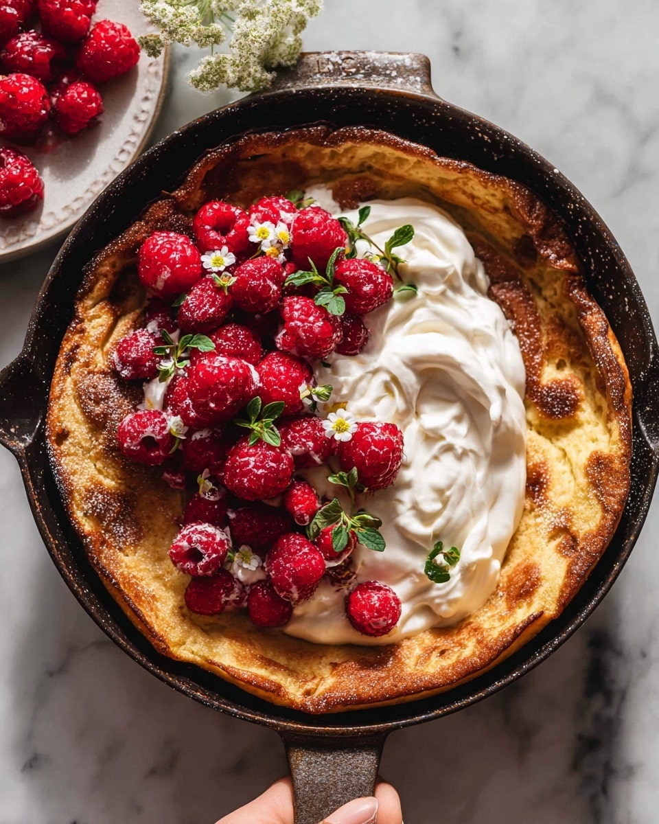 A golden-brown baked pancake sits in a black pan with a rough, textured edge. On top, there is a thick layer of white cream, partly spread across the pancake, creating smooth swirls. Bright red raspberries are scattered generously over the cream and pancake, adding vibrant pops of color. Tiny green herb leaves and small white flowers with yellow centers decorate the topping. The pan rests on a white marbled surface, and a woman's hand is holding the pan handle at the bottom of the image. A white plate with extra raspberries and small white flowers is seen at the top left corner. Photo taken with an iphone --ar 4:5 --v 7