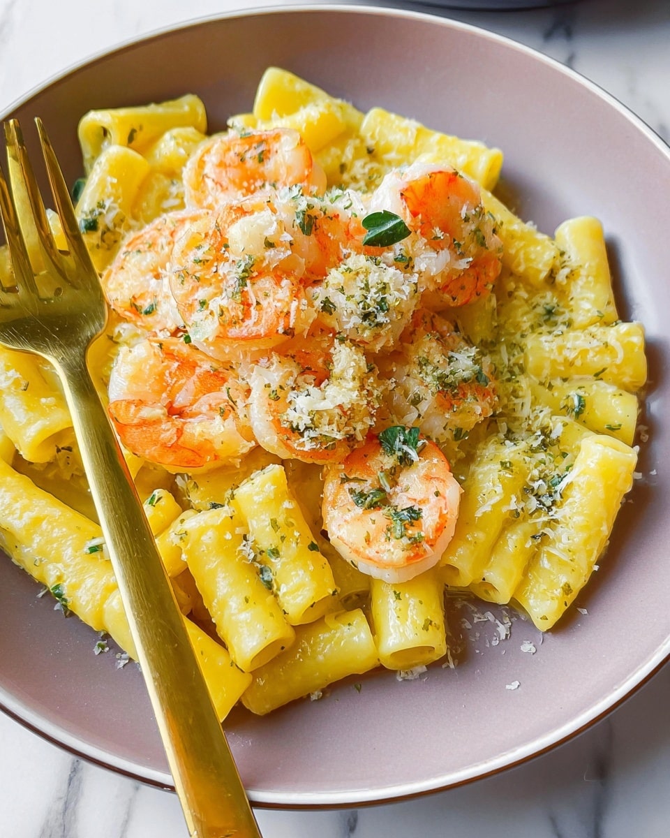 The image shows a dish with two main parts: a large white pot with a red handle filled with creamy yellow pasta mixed with small green herbs, and in front of it, a white bowl containing a smaller portion of the same pasta topped with several cooked pink shrimp and a light sprinkle of grated cheese. A golden fork rests on the edge of the bowl, which sits on a white marbled surface. Behind the pot, there is a bunch of green parsley in a glass jar and a white plate with lemons on the left side. A woman's hand is stirring the pasta in the pot with a wooden spoon. Photo taken with an iphone --ar 4:5 --v 7