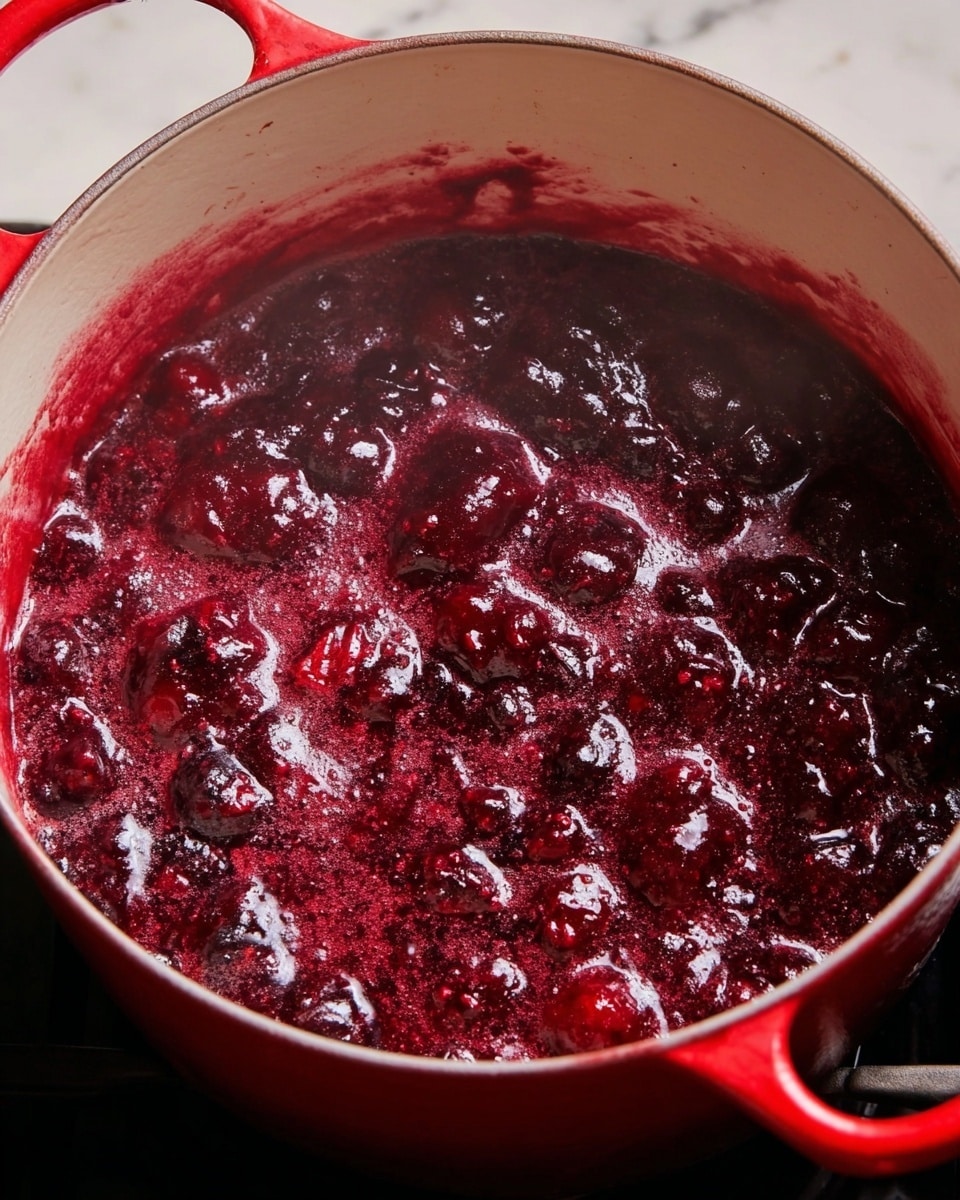 A close-up view of a red enameled pot filled with thick, bubbling deep red berry sauce. The sauce has a chunky texture with visible whole and crushed berries, some darker and some shiny, glistening in the warm steam rising from the pot. The inside of the pot is light cream, contrasting with the vibrant red sauce. The pot sits on a stove with a white marbled surface background. Photo taken with an iphone --ar 4:5 --v 7