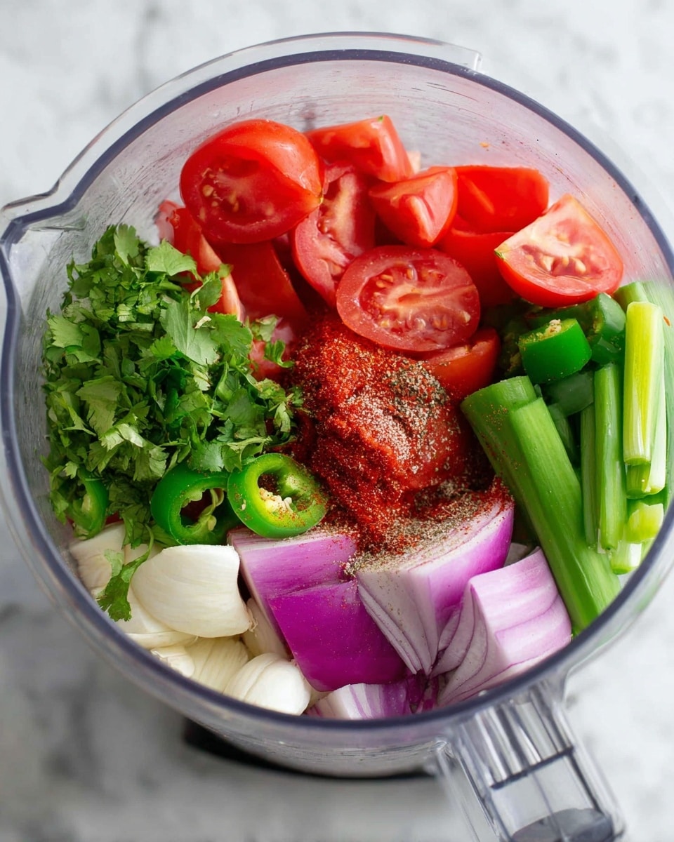 A clear blender bowl filled with layers of fresh ingredients: bright red tomato halves and slices on one side, large purple onion chunks below them, chunks of green jalapeño peppers and long green onion stalks on another side, pale garlic cloves near the bottom, a pile of fresh green cilantro leaves on top, and a mound of red seasoning mixed with white salt and black pepper sprinkled over the tomato sauce layer. The blender is set on a white marbled surface. photo taken with an iphone --ar 4:5 --v 7