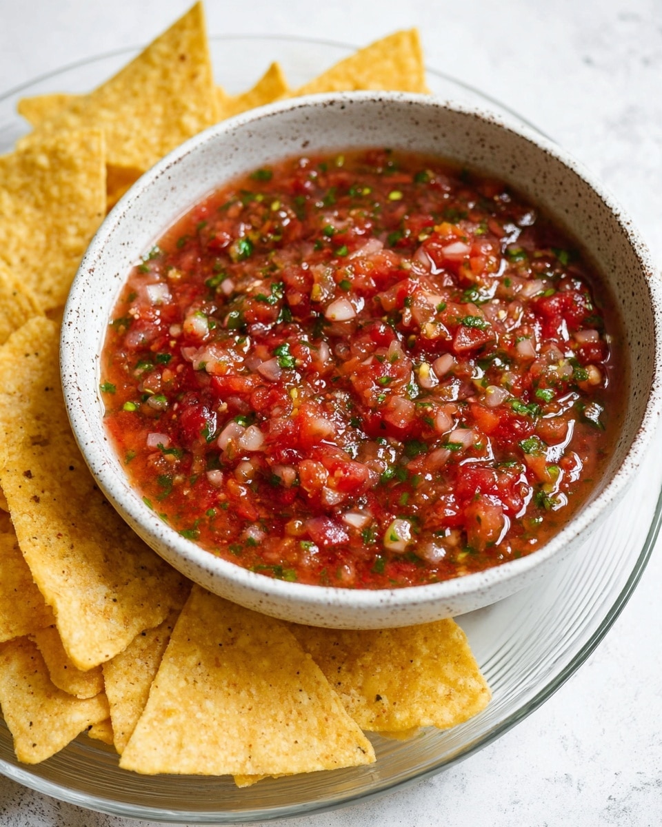 A woman's hand is holding a triangular, light beige tortilla chip speckled with small brown dots. The chip is dipped in a bowl filled with chunky red salsa that contains finely chopped pieces of green herbs and bits of tomato and onion, giving it a textured and colorful look. The salsa fills a white bowl with small brown speckles around its surface, sitting on a white marbled surface. The scene is bright and focused on the chip and salsa close-up, showing the freshness and vibrant colors of the dip and chip photo taken with an iphone --ar 4:5 --v 7