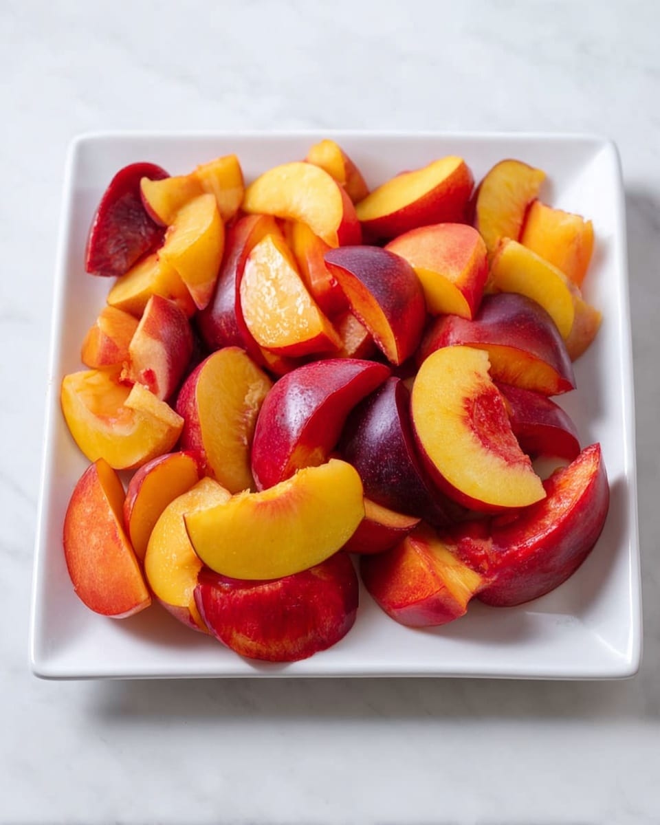 A white square plate is filled with many pieces of sliced stone fruits showing bright colors and juicy textures. The slices include yellow peaches with smooth yellow-orange skin and soft orange flesh, red plums with deep purple-red skin and bright red flesh, and red nectarines with smooth red and orange skin and light orange flesh. The fruit pieces are layered closely together, covering the entire plate, with some slices curved and others more angular, displaying a mix of glossy and matte surfaces. The plate sits on a white marbled surface. photo taken with an iphone --ar 4:5 --v 7